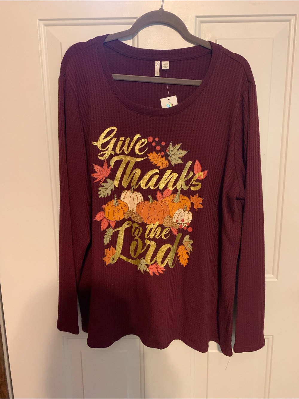 Cato Burgundy Waffle Knit Long Sleeve Top NEW Size 18-20 Give Thanks to The Lord